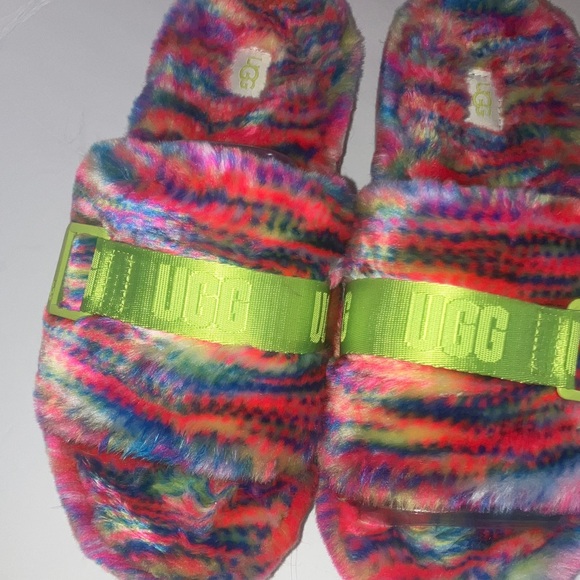 UGG Colorful Fluffy Slides with Neon Green - Picture 4 of 9